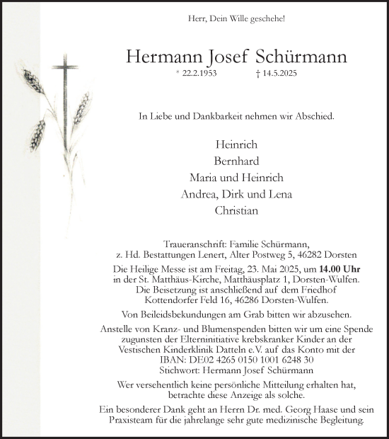 Traueranzeige von Hermann  Schürmann von Ruhr Nachrichten und Dorstener Zeitung