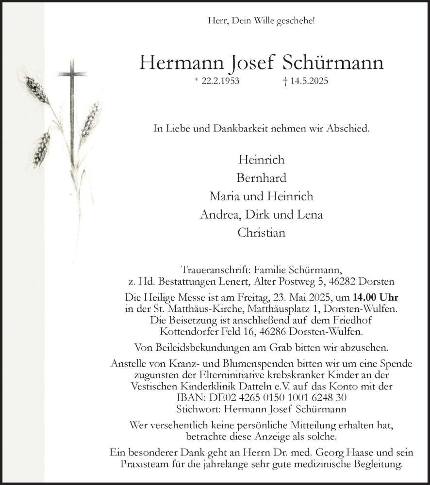 Traueranzeige für Hermann  Schürmann vom 20.05.2025 aus Ruhr Nachrichten und Dorstener Zeitung