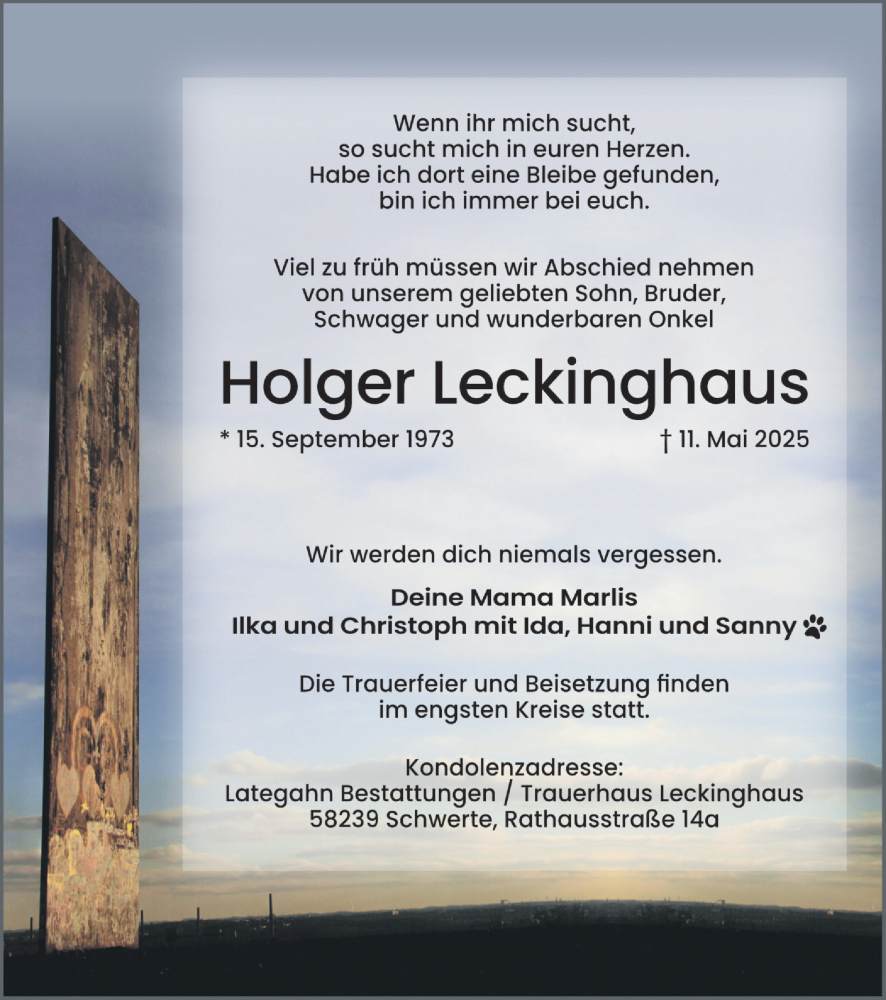  Traueranzeige für Holger Leckinghaus vom 17.05.2025 aus Ruhr Nachrichten
