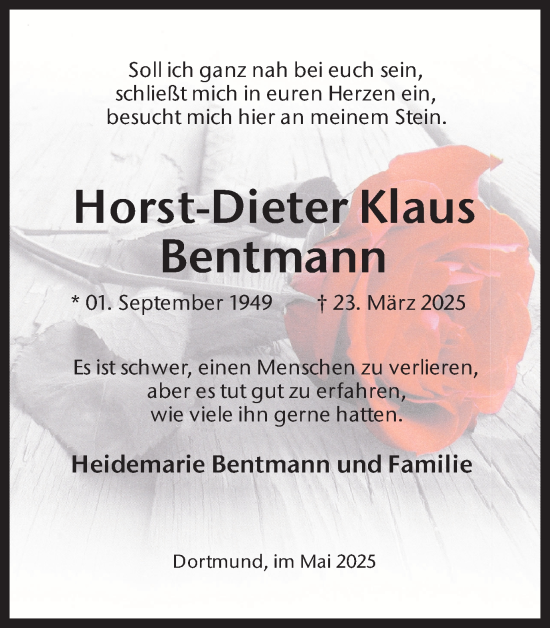 Traueranzeige von Horst-Dieter Klaus Bentmann von Ruhr Nachrichten