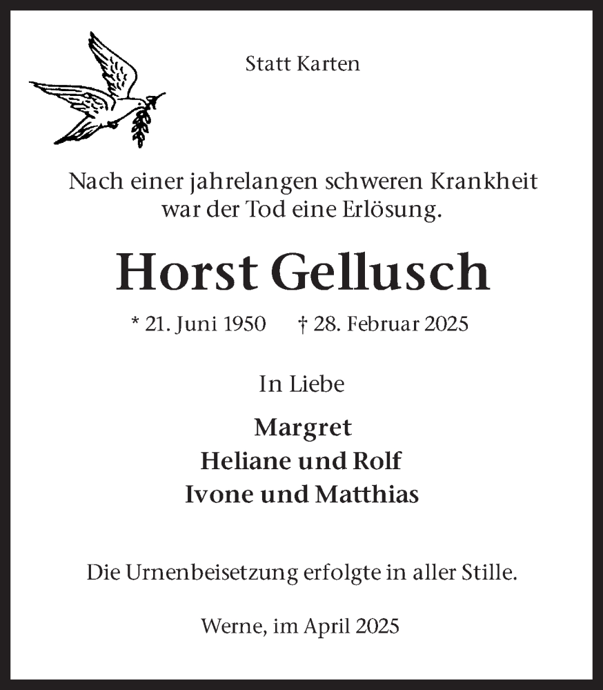  Traueranzeige für Horst Gellusch vom 19.04.2025 aus Ruhr Nachrichten