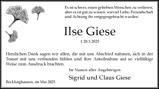 Traueranzeige von Ilse Giese von Trauer Vest