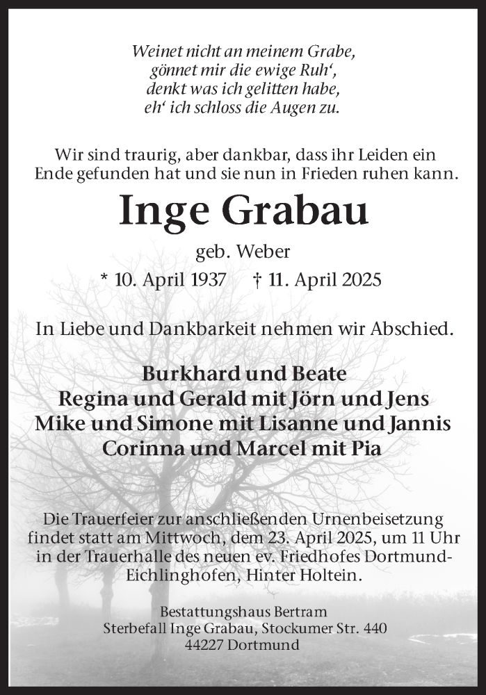  Traueranzeige für Inge Grabau vom 19.04.2025 aus Ruhr Nachrichten
