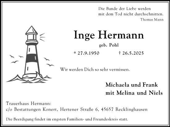 Traueranzeige von Inge Hermann von Trauer Vest