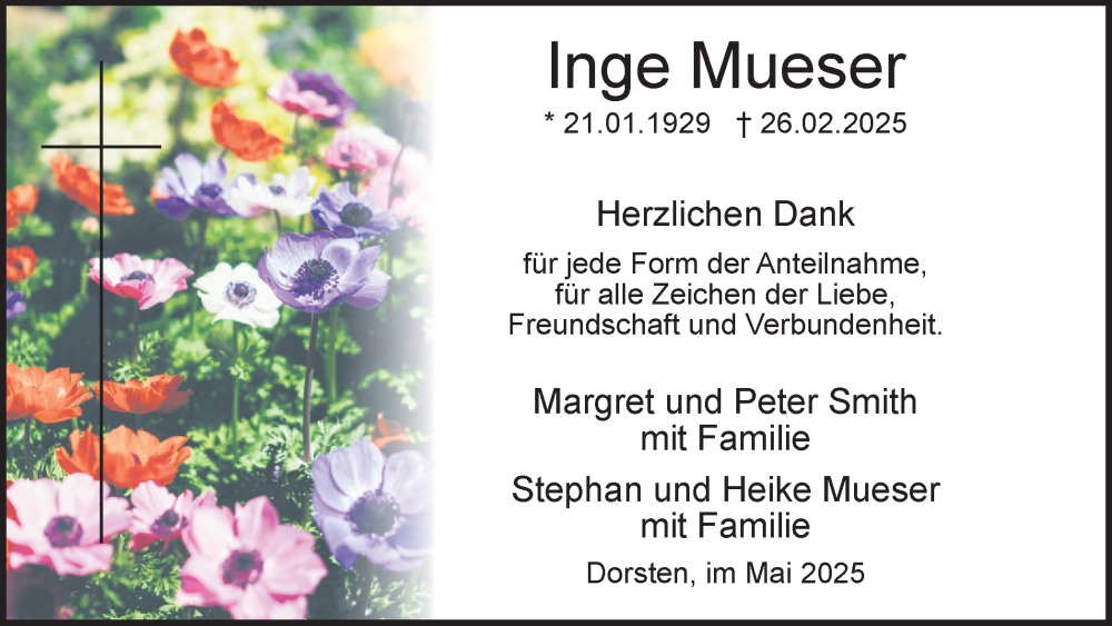  Traueranzeige für Inge Mueser vom 10.05.2025 aus Ruhr Nachrichten und Dorstener Zeitung