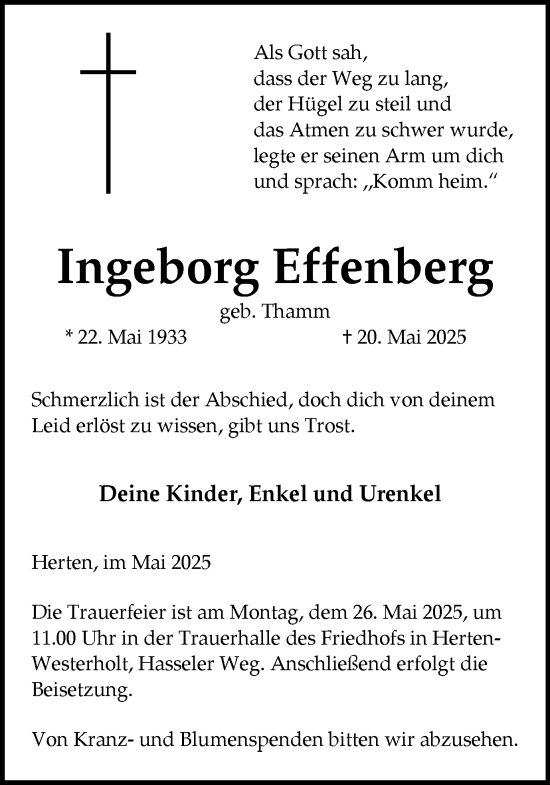 Traueranzeige von Ingeborg Effenberg von Trauer Vest
