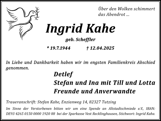 Traueranzeige von Ingrid Kahe von Trauer Vest