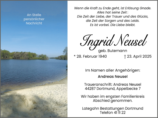Traueranzeige von Ingrid Neusel von Ruhr Nachrichten