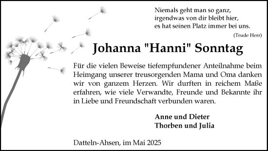 Traueranzeige von Johanna Sonntag von Trauer Vest