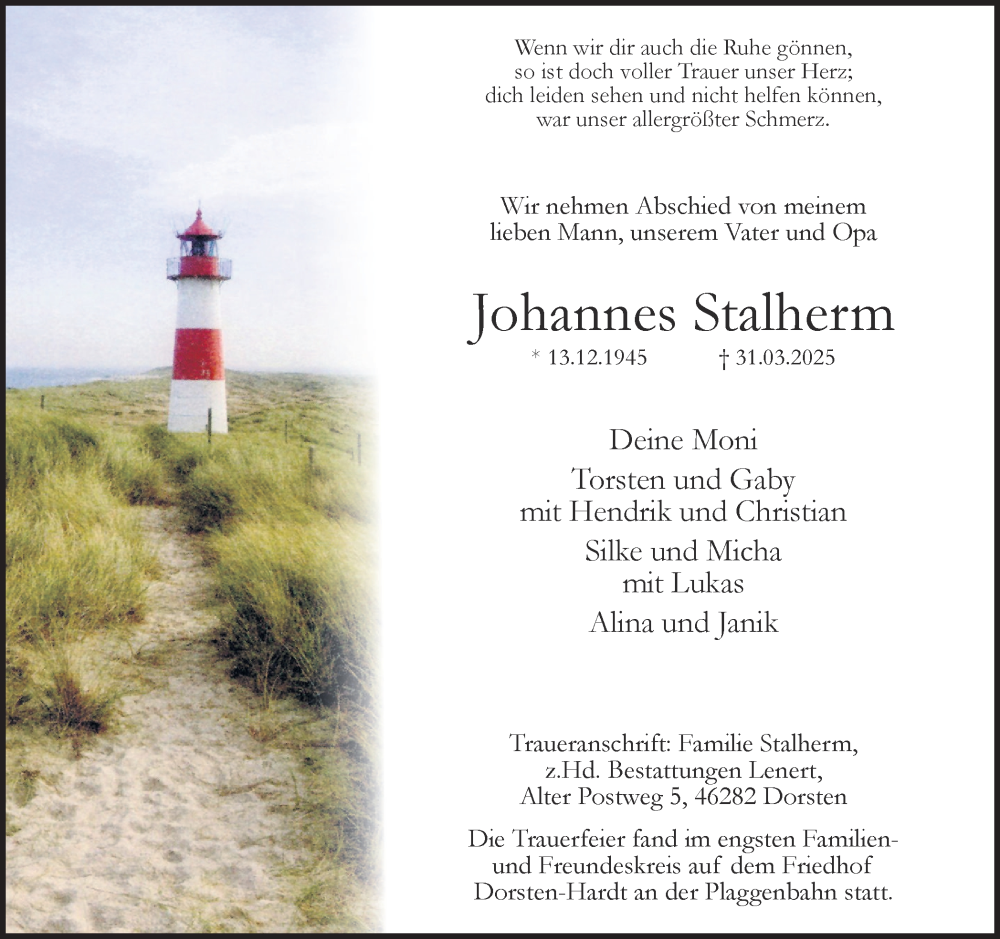  Traueranzeige für Johannes Stalherm vom 03.05.2025 aus Ruhr Nachrichten und Dorstener Zeitung