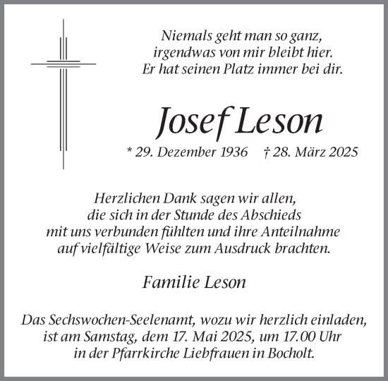 Traueranzeige von Josef Leson 