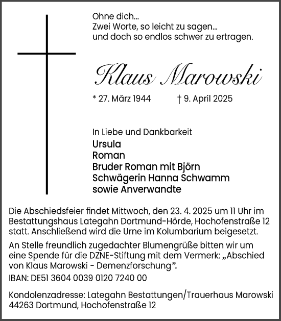 Traueranzeige von Klaus Marowski von Ruhr Nachrichten