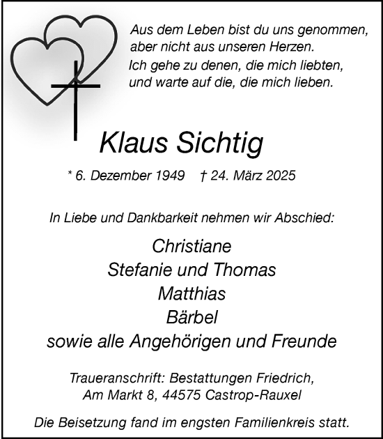 Traueranzeige von Klaus Sichtig von Stadtanzeiger Castrop-Rauxel