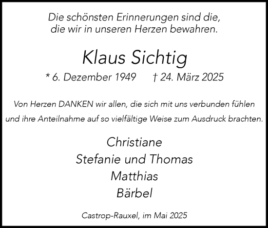Traueranzeige von Klaus Sichtig von Stadtanzeiger Castrop-Rauxel