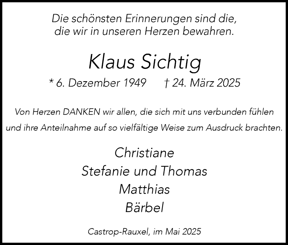  Traueranzeige für Klaus Sichtig vom 03.05.2025 aus Stadtanzeiger Castrop-Rauxel