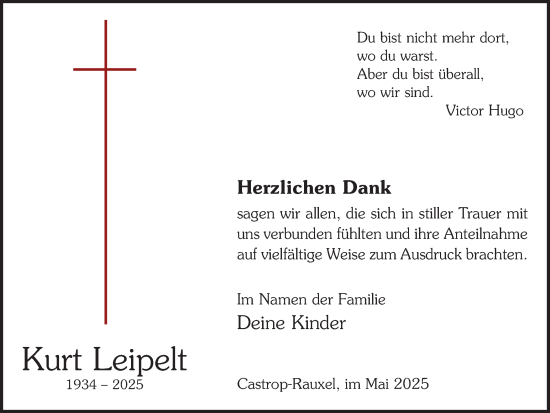 Traueranzeige von Kurt Leipelt von Stadtanzeiger Castrop-Rauxel