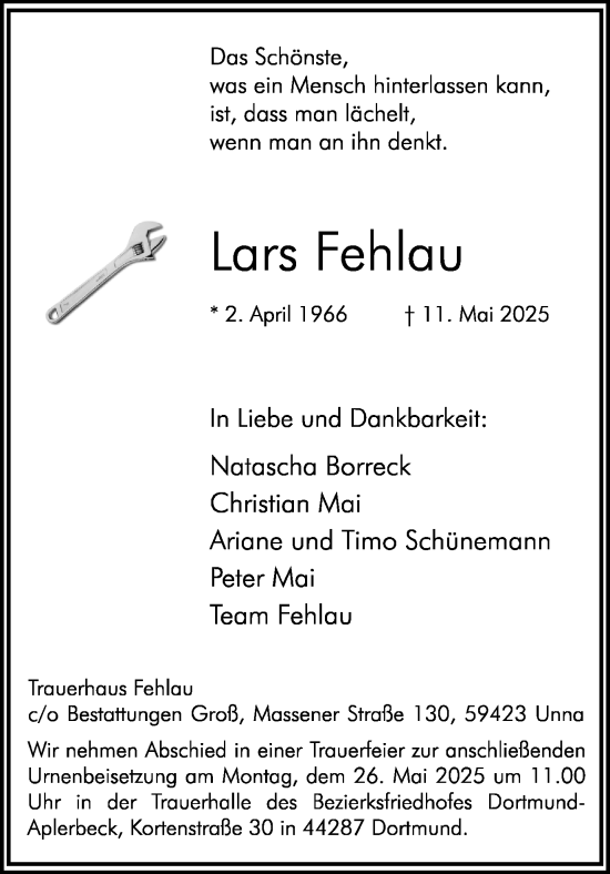 Traueranzeige von Lars Fehlau von Ruhr Nachrichten