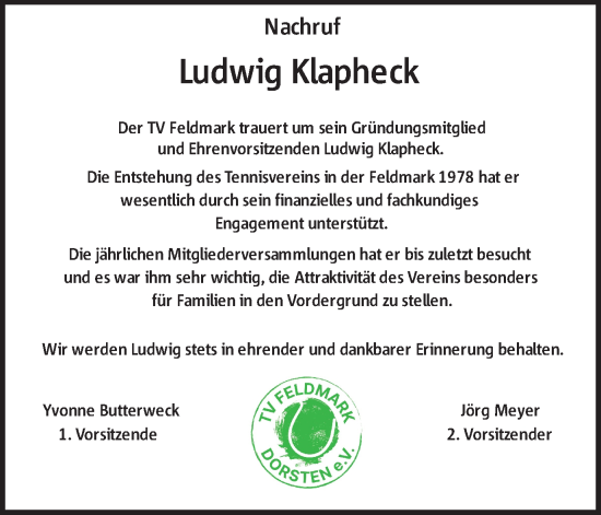 Traueranzeige von Ludwig Klapheck von Ruhr Nachrichten und Dorstener Zeitung