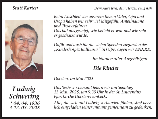 Traueranzeige von Ludwig Schwering von Ruhr Nachrichten und Dorstener Zeitung
