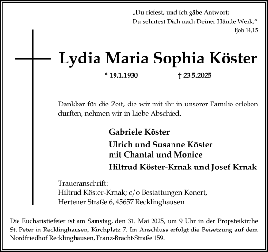 Traueranzeige von Lydia Maria Sophia Köster von Trauer Vest
