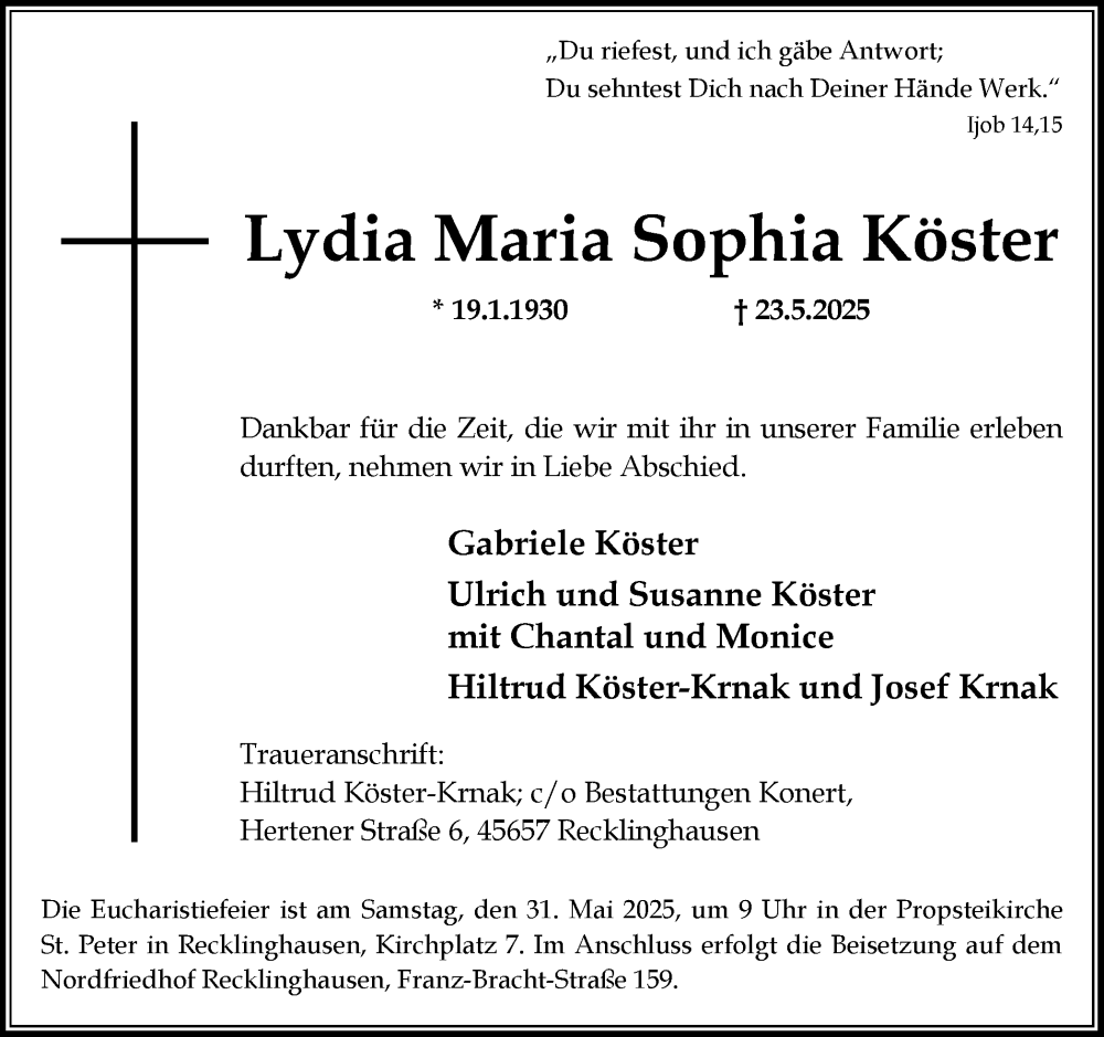 Traueranzeige für Lydia Maria Sophia Köster vom 28.05.2025 aus Trauer Vest