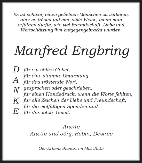 Traueranzeige von Manfred Engbring von Trauer Vest