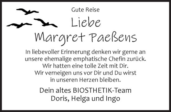 Traueranzeige von Margret Paeßens 