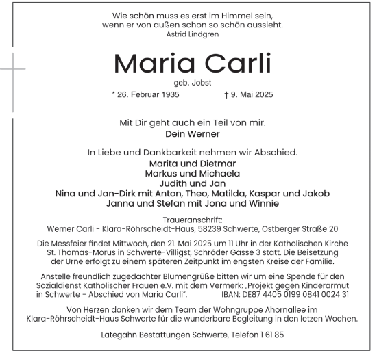 Traueranzeige von Maria Carli von Ruhr Nachrichten