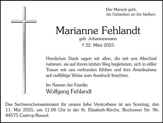 Traueranzeige von Marianne Fehlandt von Ruhr Nachrichten