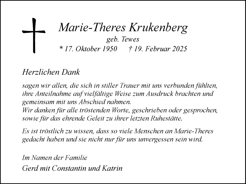  Traueranzeige für Marie-Theres Krukenberg vom 31.05.2025 aus Ruhr Nachrichten und Dorstener Zeitung