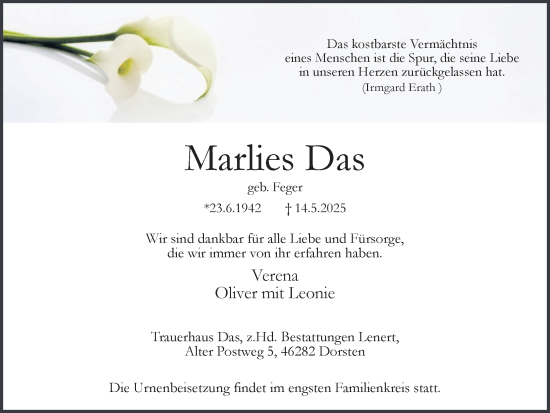 Traueranzeige von Marlies Das von Ruhr Nachrichten und Dorstener Zeitung
