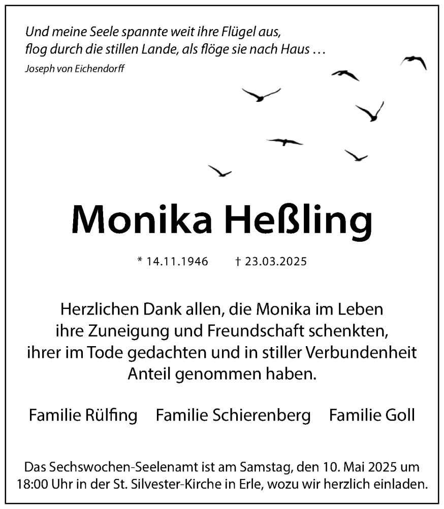  Traueranzeige für Monika Heßling vom 07.05.2025 aus Ruhr Nachrichten und Dorstener Zeitung