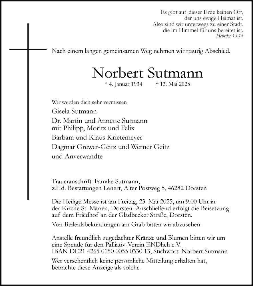  Traueranzeige für Norbert Sutmann vom 17.05.2025 aus Ruhr Nachrichten und Dorstener Zeitung
