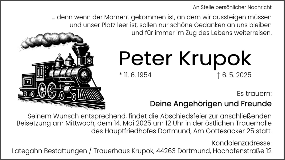  Traueranzeige für Peter Krupok vom 10.05.2025 aus Ruhr Nachrichten