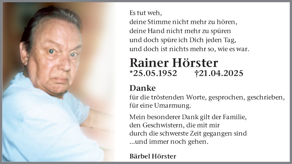  Traueranzeige für Rainer Hörster vom 24.05.2025 aus Ruhr Nachrichten und Dorstener Zeitung