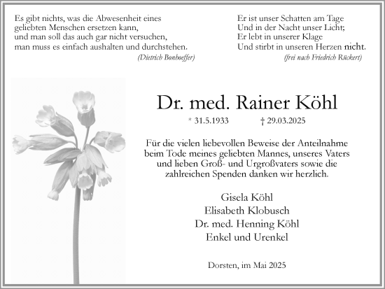 Traueranzeige von Rainer Köhl von Ruhr Nachrichten und Dorstener Zeitung