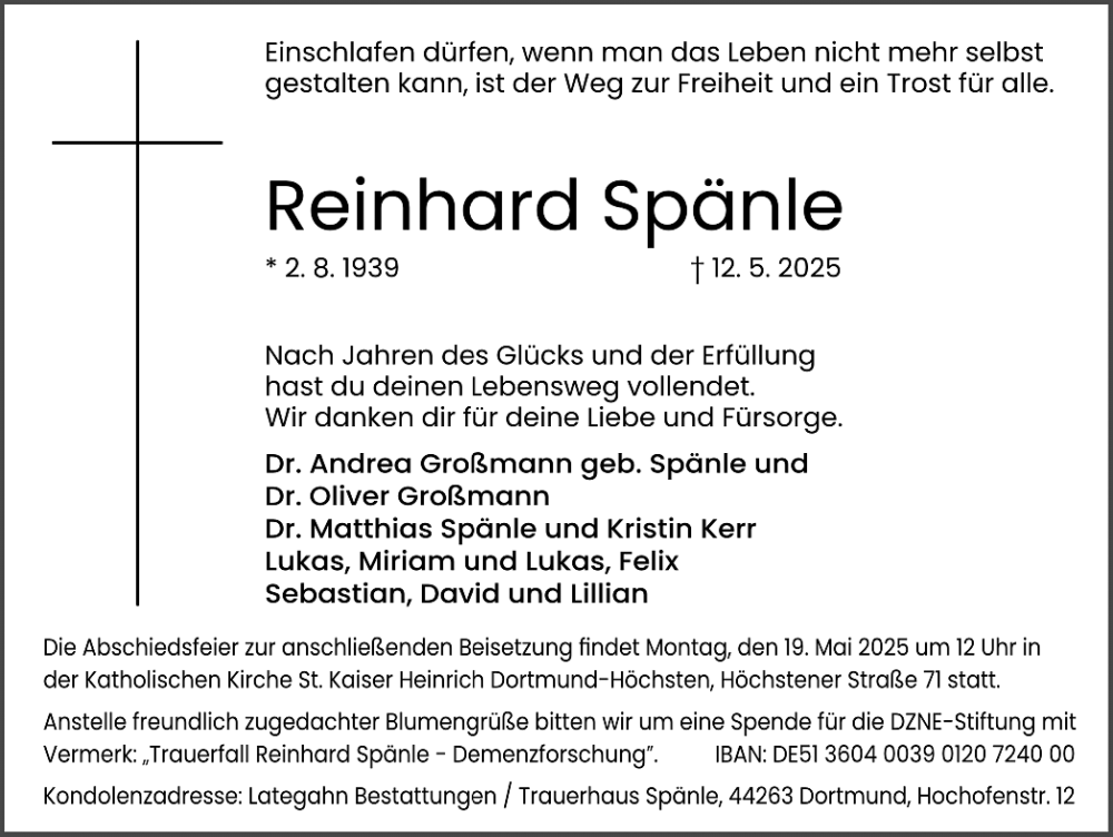  Traueranzeige für Reinhard Spänle vom 17.05.2025 aus Ruhr Nachrichten