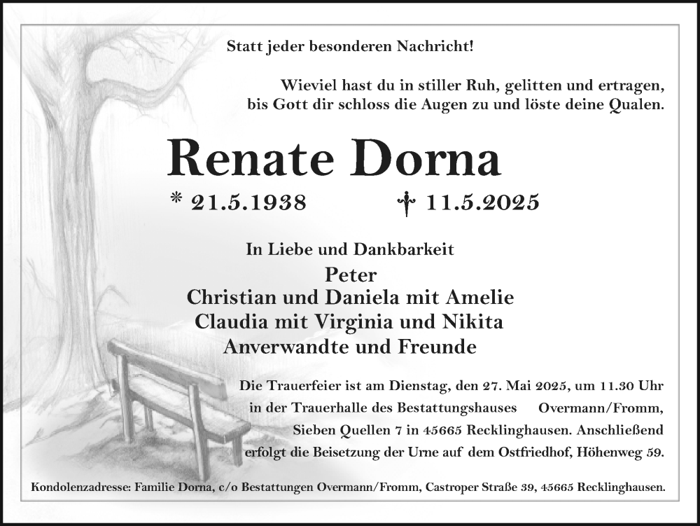  Traueranzeige für Renate Dorna vom 17.05.2025 aus Trauer Vest