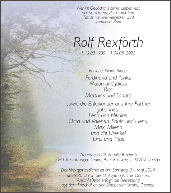 Traueranzeige von Rolf Rexforth von Ruhr Nachrichten und Dorstener Zeitung
