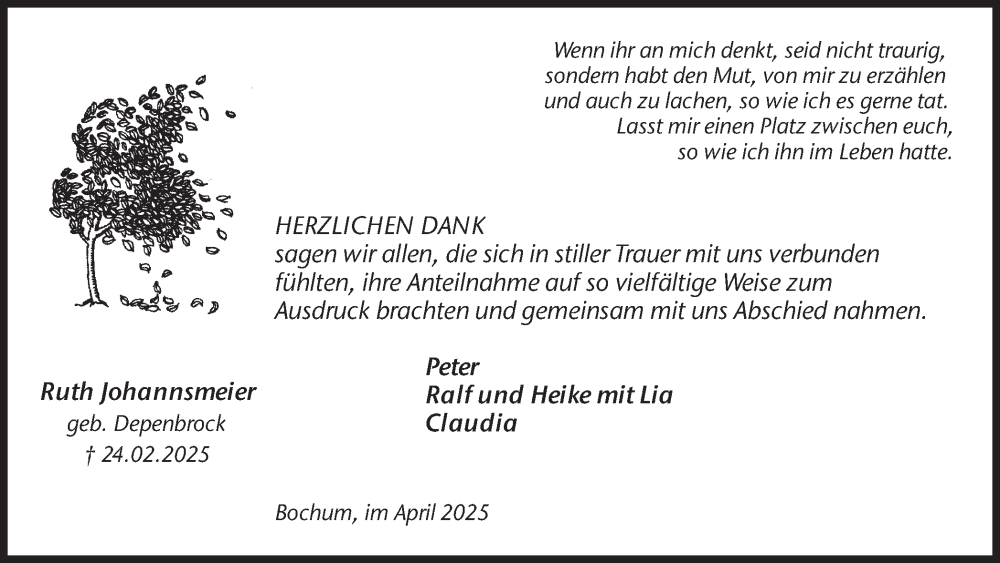  Traueranzeige für Ruth Johannsmeier vom 19.04.2025 aus Ruhr Nachrichten