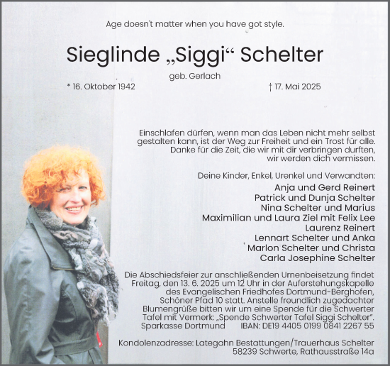 Traueranzeige von Sieglinde Schelter von Ruhr Nachrichten