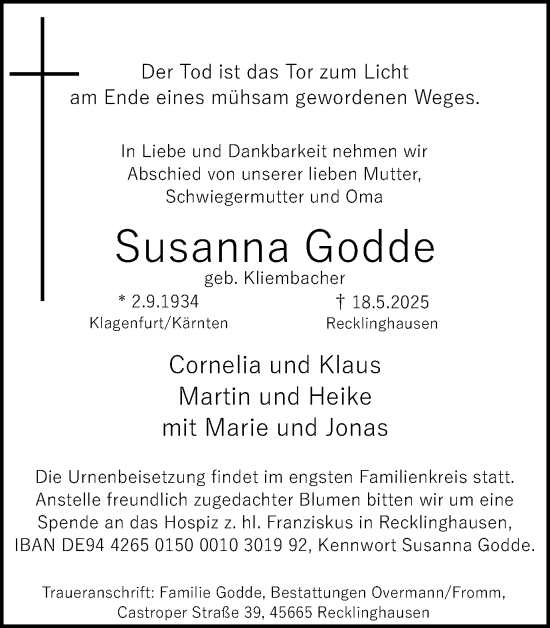 Traueranzeige von Susanna Godde von Trauer Vest