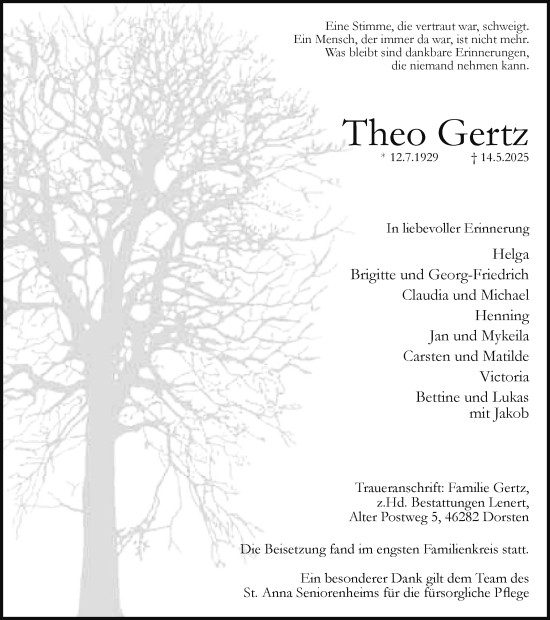 Traueranzeige von Theo Gertz von Ruhr Nachrichten und Dorstener Zeitung