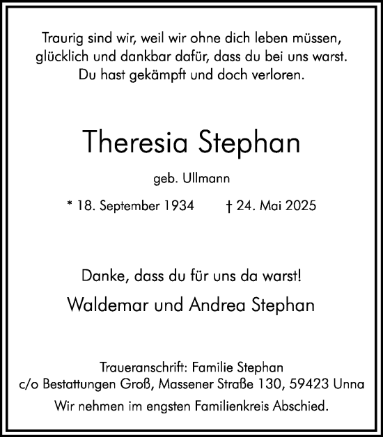 Traueranzeige von Theresia Stephan von Hellweger Anzeiger