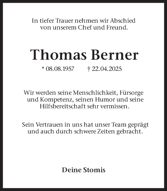 Traueranzeige von Thomas Berner von Ruhr Nachrichten