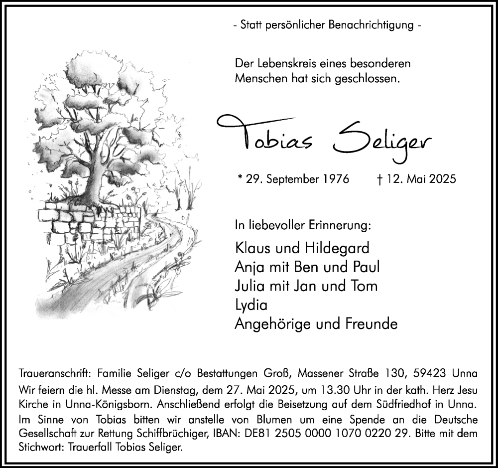  Traueranzeige für Tobias Seliger vom 21.05.2025 aus Hellweger Anzeiger