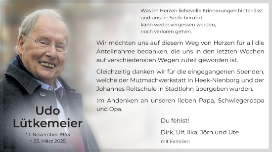 Traueranzeige von Udo Lütkemeier von Münsterland Zeitung