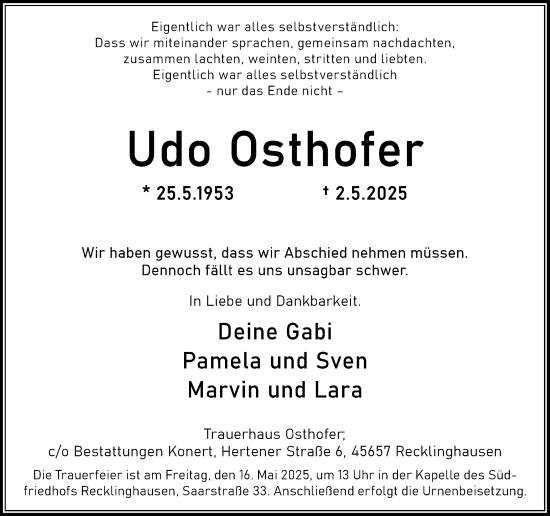 Traueranzeige von Udo Osthofer von Trauer Vest