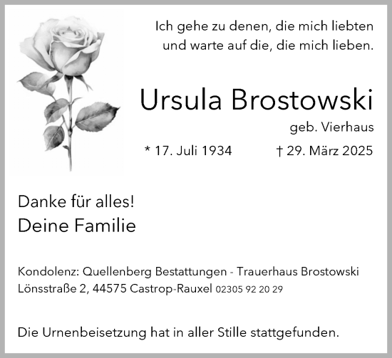 Traueranzeige von Ursula Brostowski von Stadtanzeiger Castrop-Rauxel