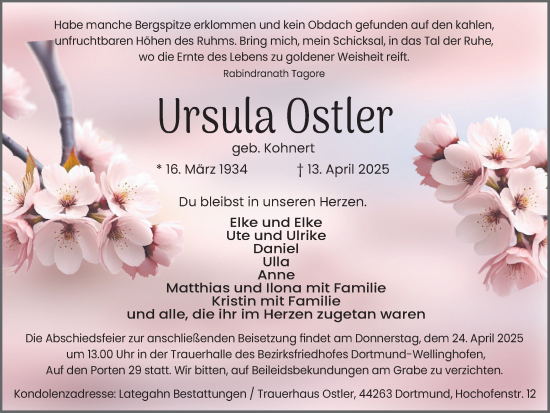 Traueranzeige von Ursula Ostler von Ruhr Nachrichten